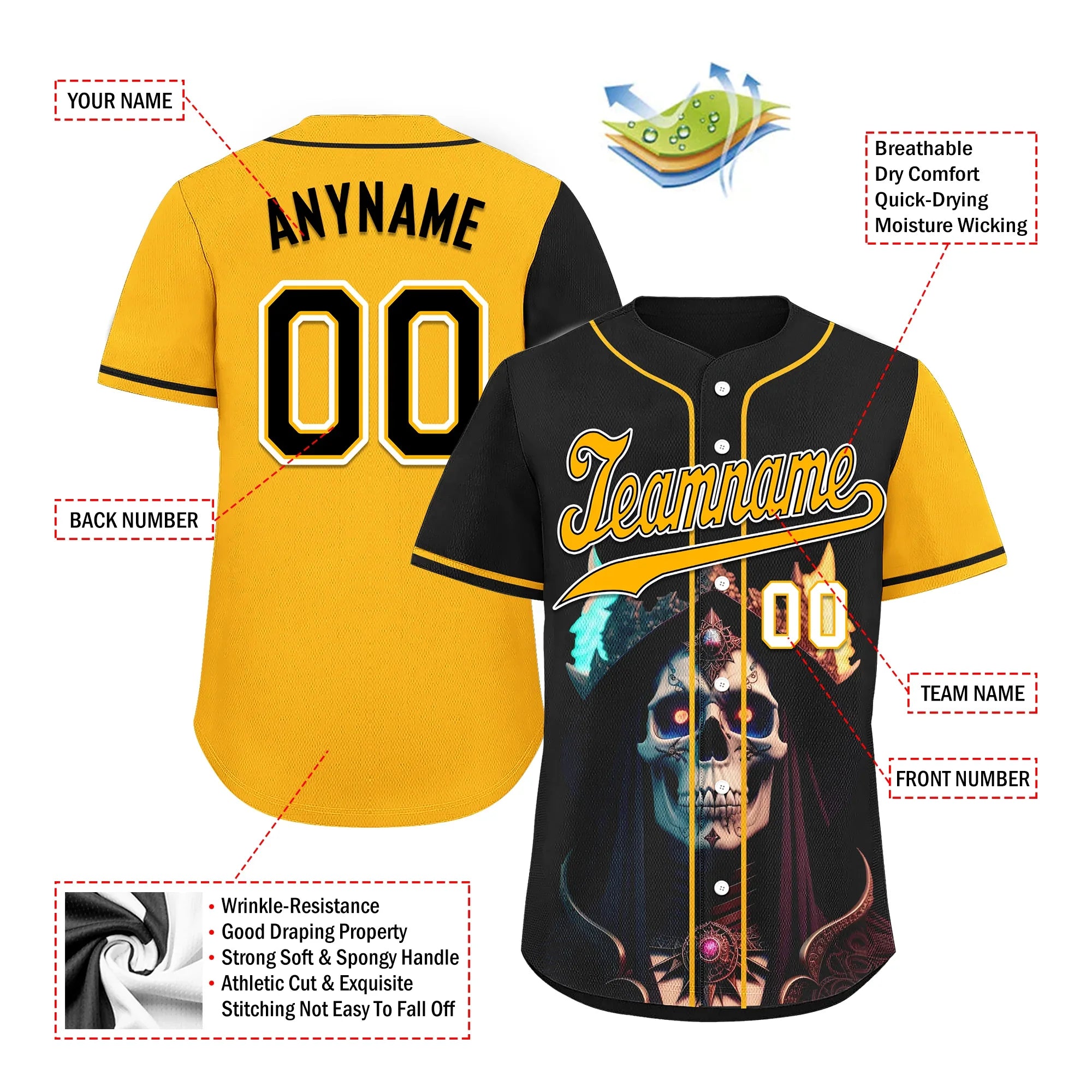 Custom Black Yellow Skull Fashion Personalized Authentic Baseball Jersey BSBJ01-D017155 - Coolcustomize