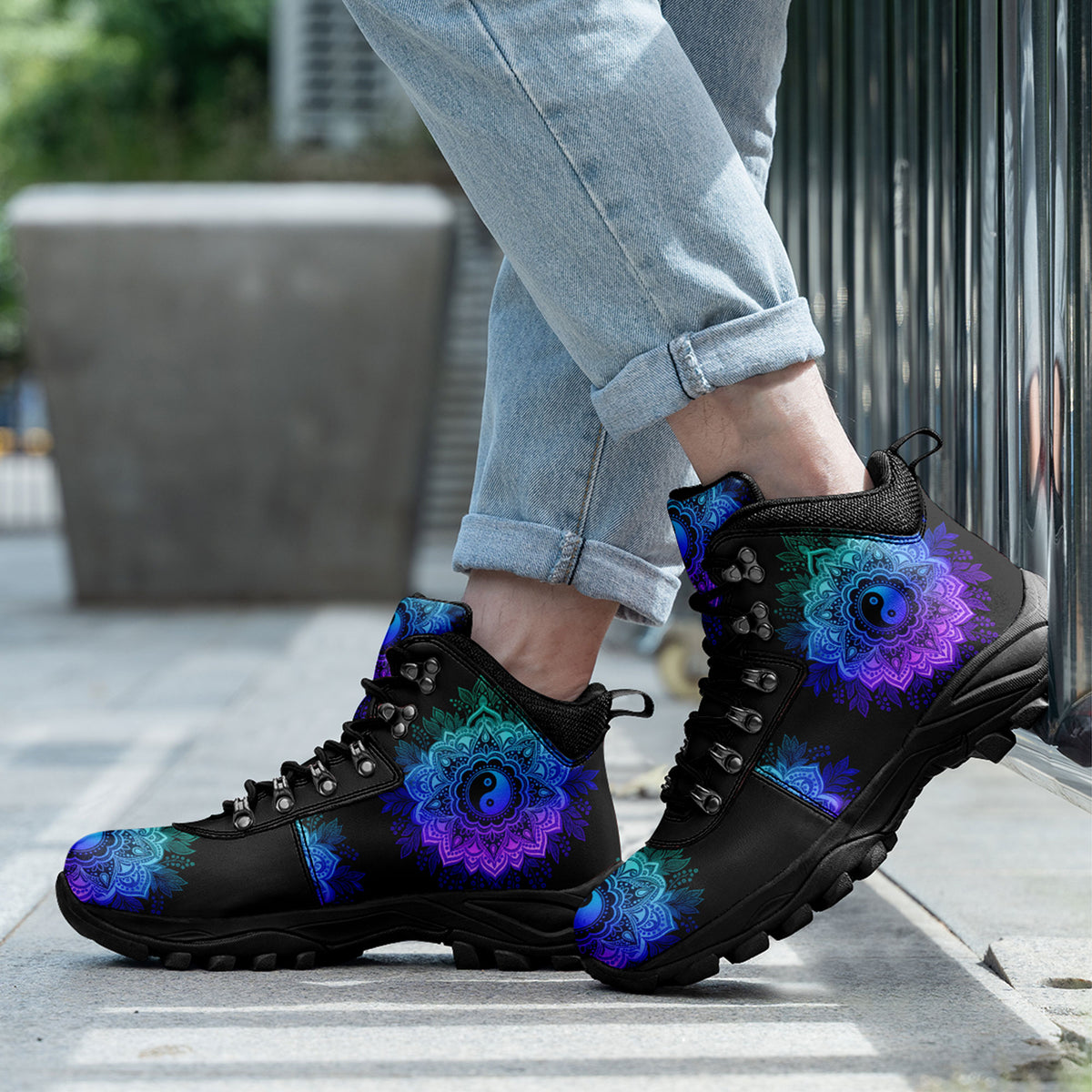 Personalized Boho Yin Yang Outdoor Combat Boots – Lightweight Non-Slip Spiritual Walking Shoes