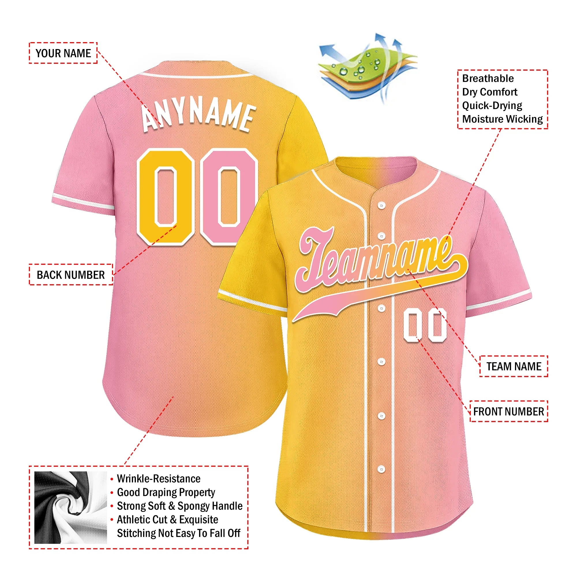 Custom Yellow Pink Gradient Fashion Personalized Authentic Baseball Jersey BSBJ01-D0a7aac - Coolcustomize