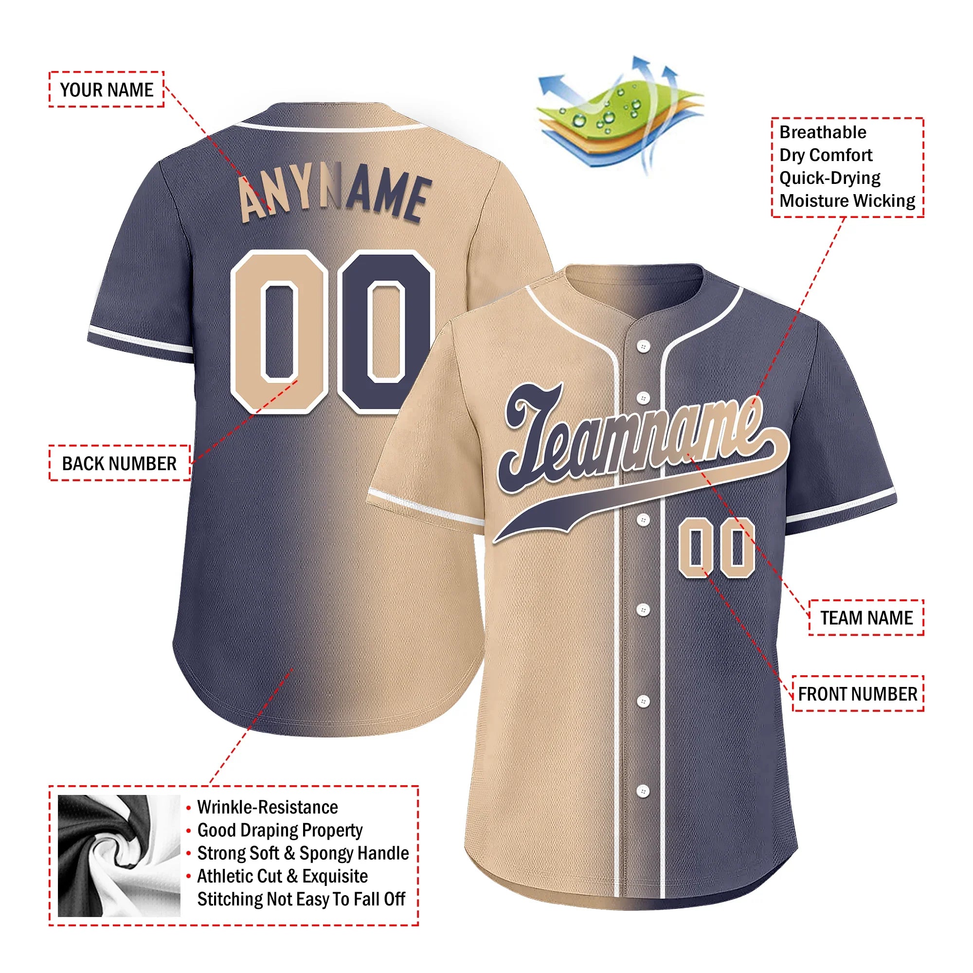 Custom Beige Blue Gradient Fashion Personalized Authentic Baseball Jersey BSBJ01-D0a7080 - Coolcustomize