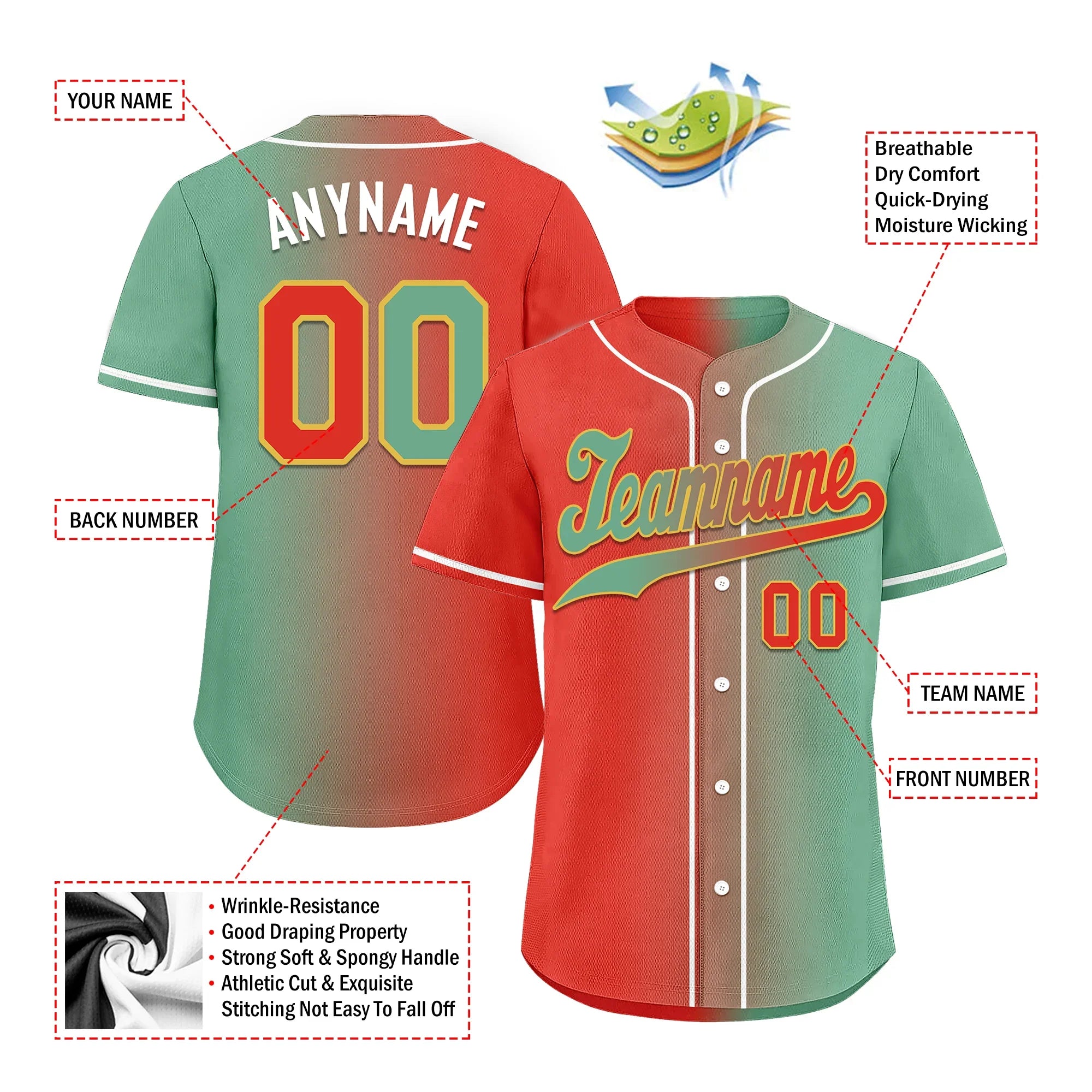 Custom Red Green Gradient Fashion Personalized Authentic Baseball Jersey BSBJ01-D0a7a09 - Coolcustomize