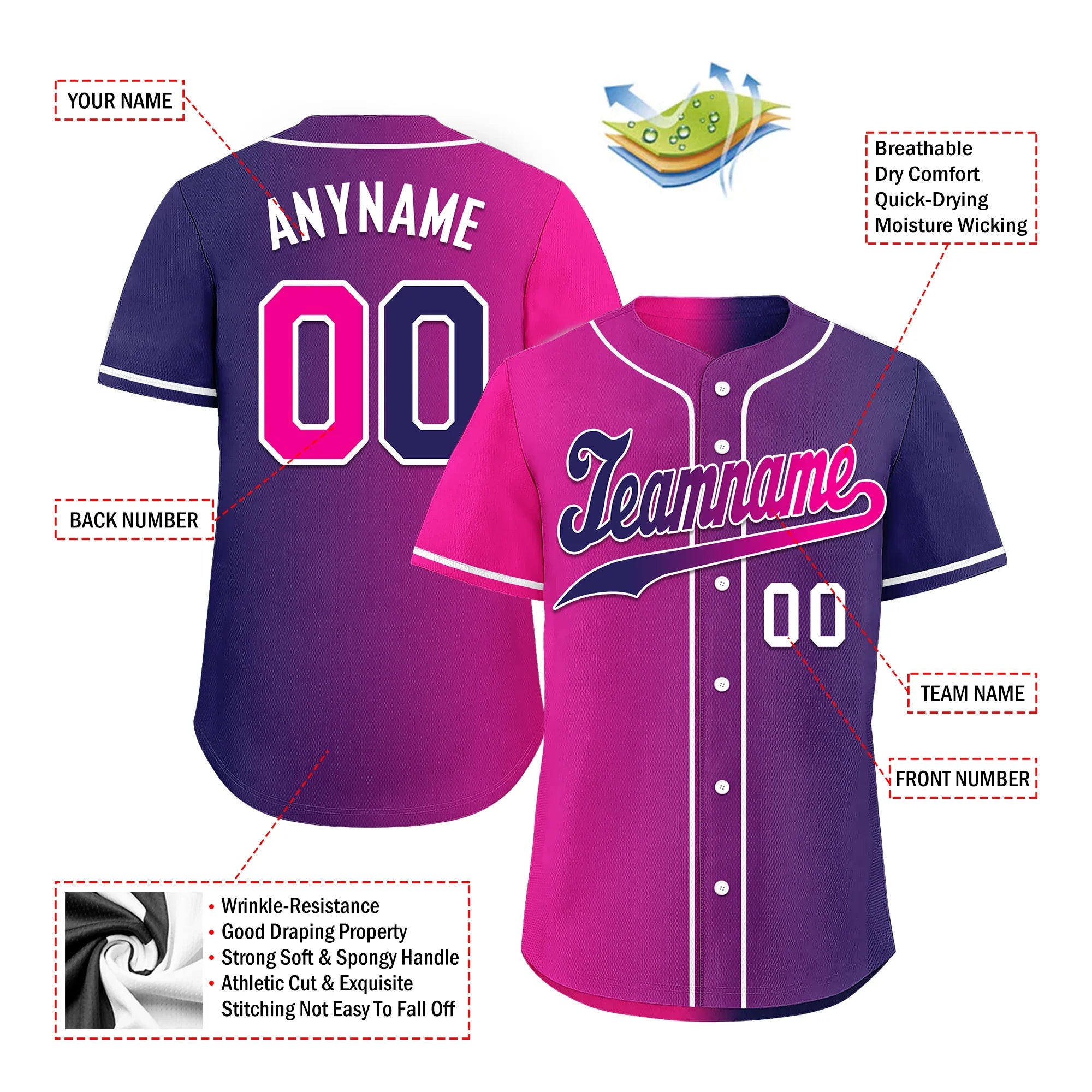 Custom Pink Blue Gradient Fashion Personalized Authentic Baseball Jersey BSBJ01-D0a7aab - Coolcustomize