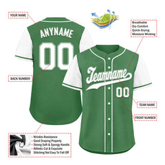 Custom Green White Raglan Sleeves Personalized Authentic Baseball Jersey BSBJ01-D020200-10