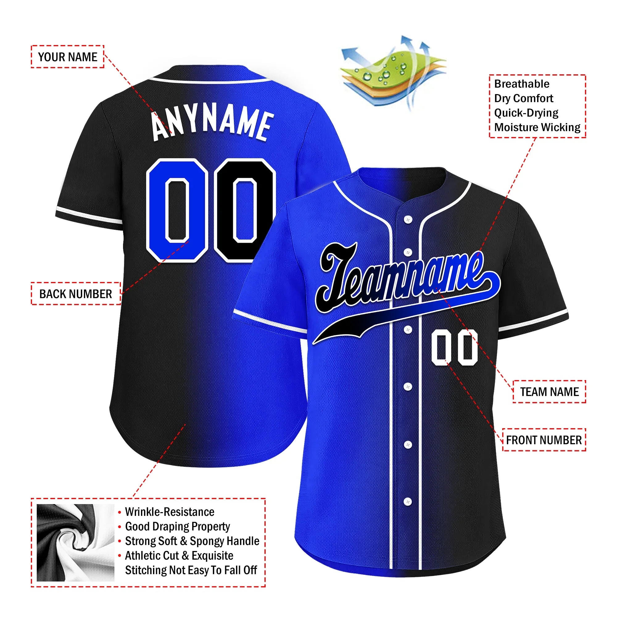 Custom Blue Black Gradient Fashion Personalized Authentic Baseball Jersey BSBJ01-D0a709e - Coolcustomize