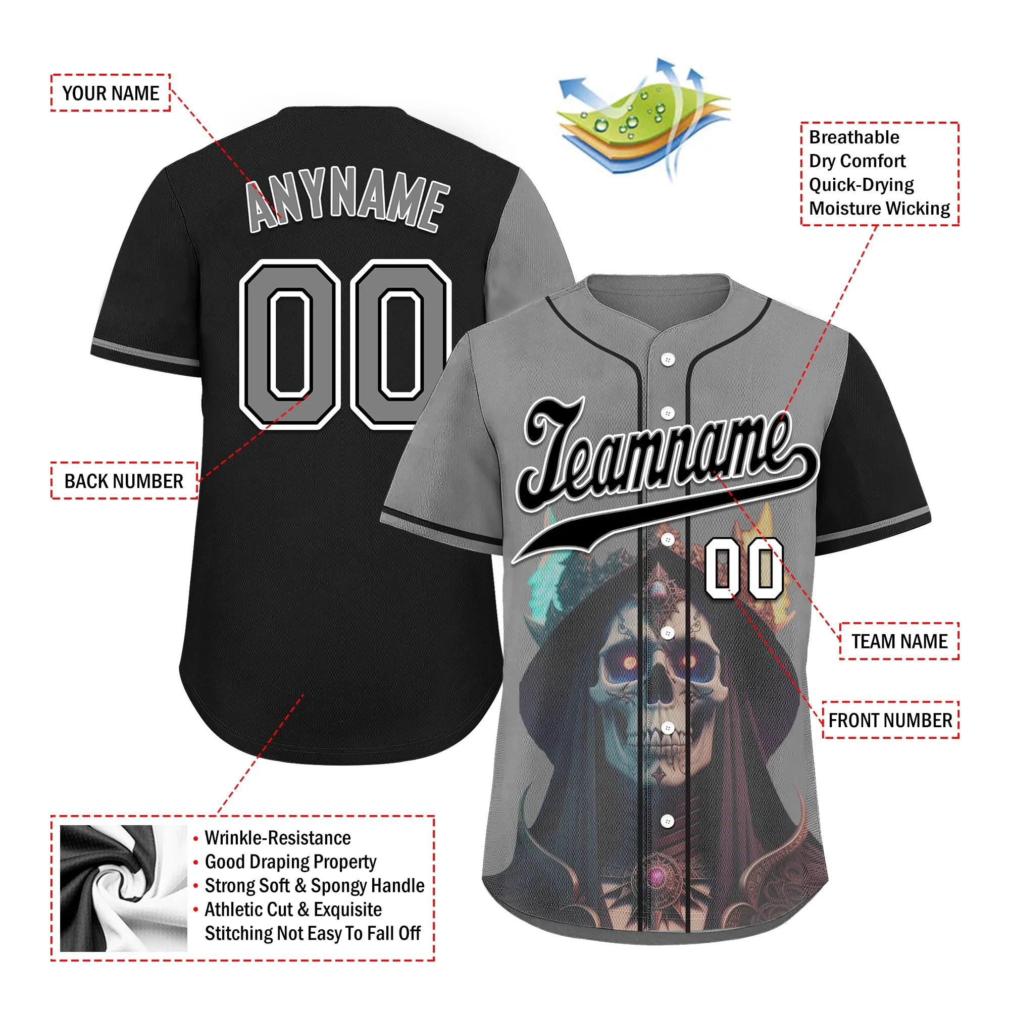 Custom Gray Black Skull Fashion Personalized Authentic Baseball Jersey BSBJ01-D017160 - Coolcustomize