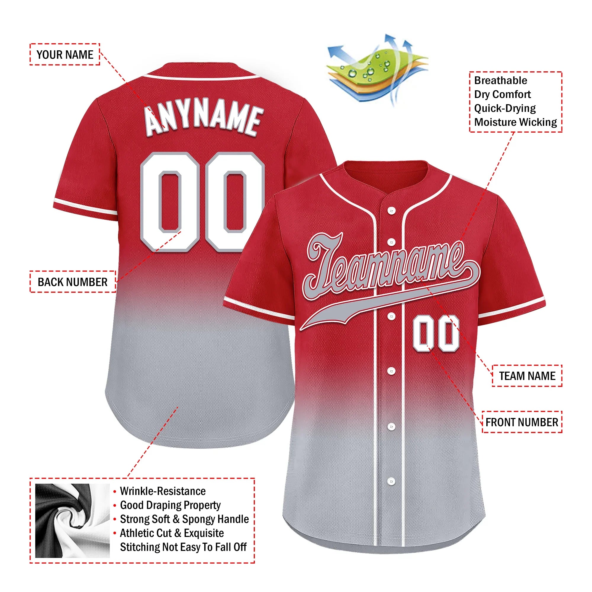 Custom Red Grey Fade Fashion Personalized Authentic Baseball Jersey BSBJ01-D0a70bb - Coolcustomize