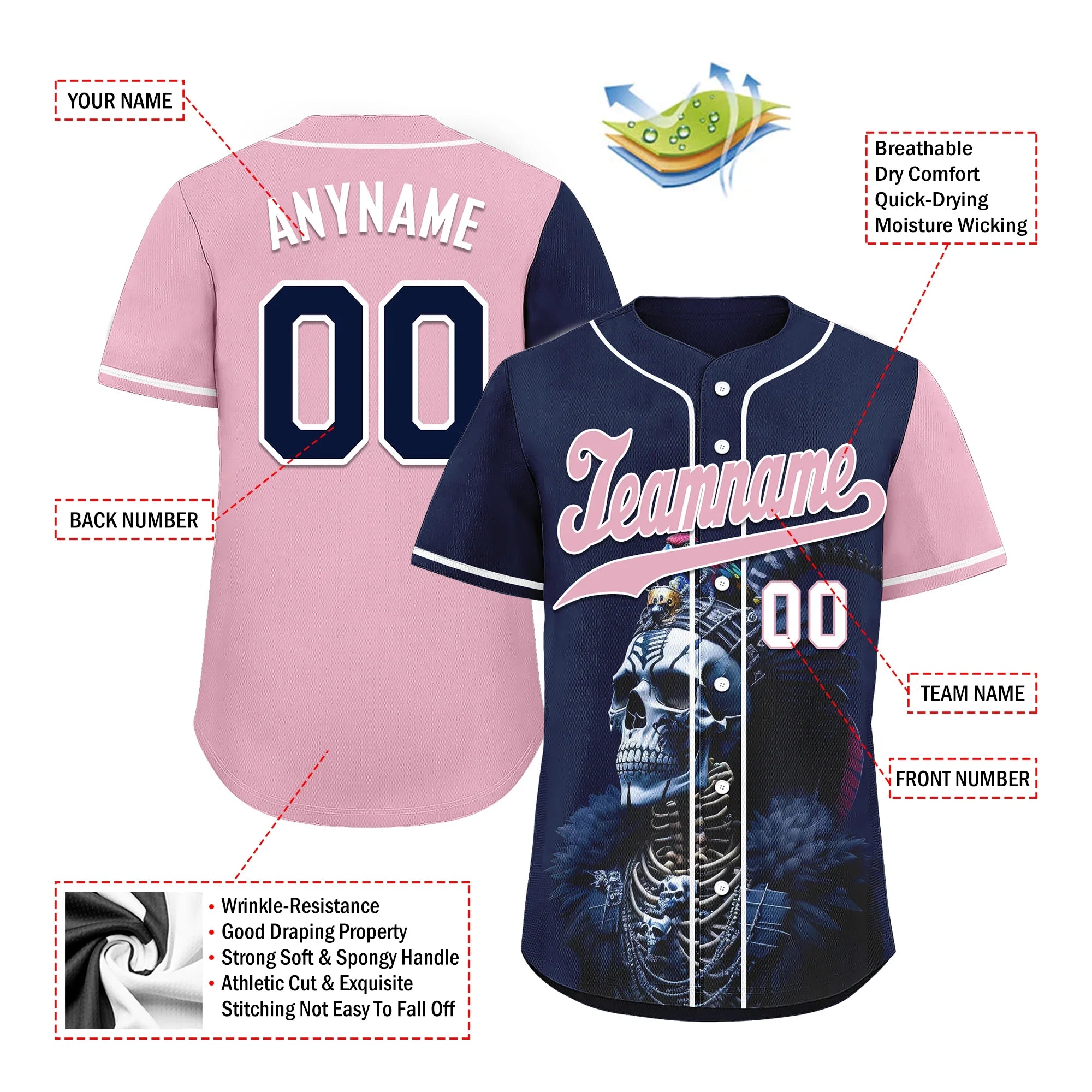 Custom Blue Pink Skull Fashion Personalized Authentic Baseball Jersey BSBJ01-D017145 - Coolcustomize
