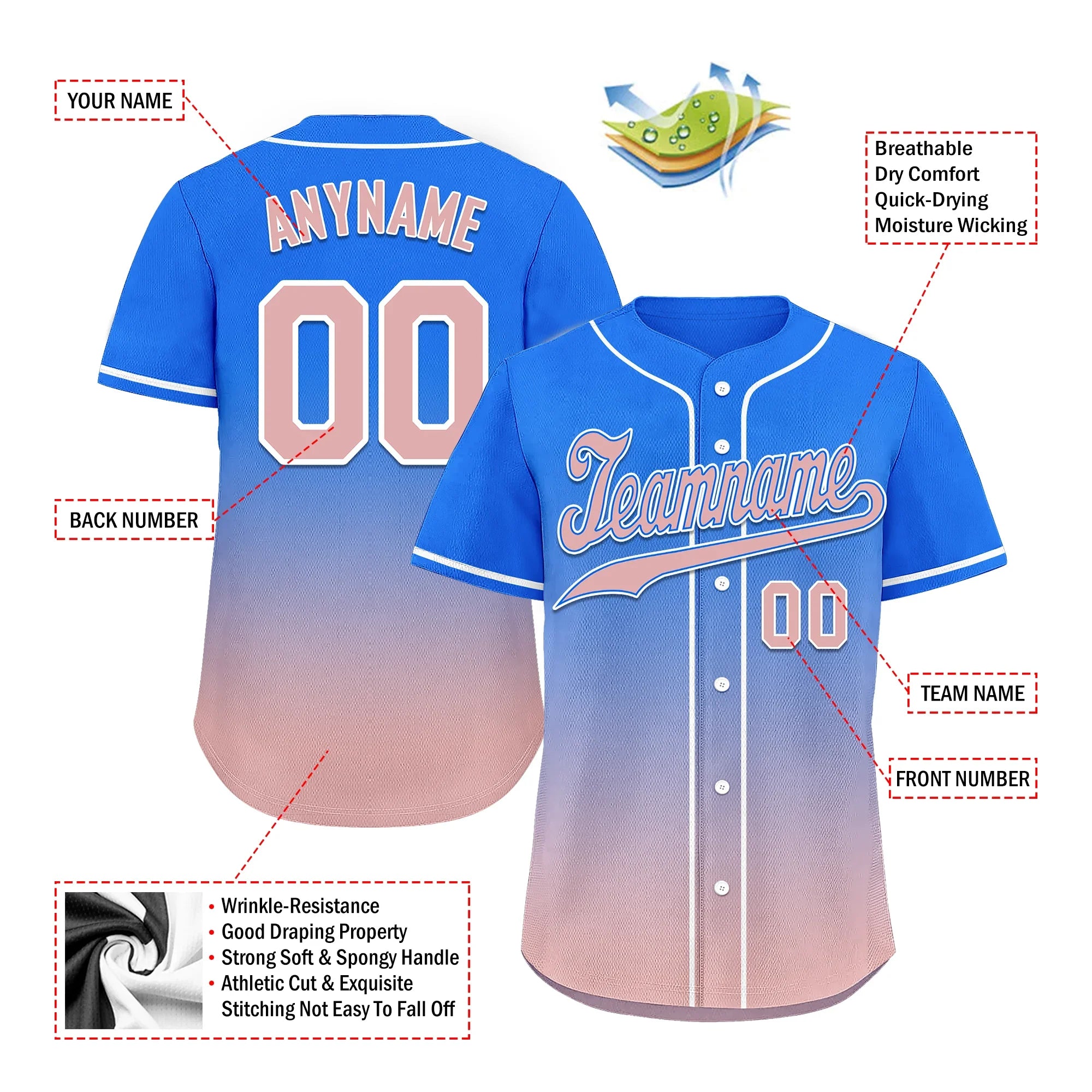 Custom Blue Pink Fade Fashion Personalized Authentic Baseball Jersey BSBJ01-D0a70e0 - Coolcustomize