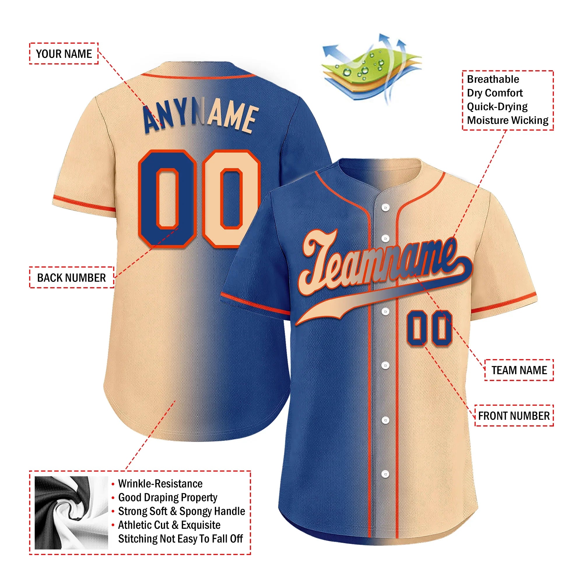 Custom Blue Beige Gradient Fashion Personalized Authentic Baseball Jersey BSBJ01-D0a7077 - Coolcustomize