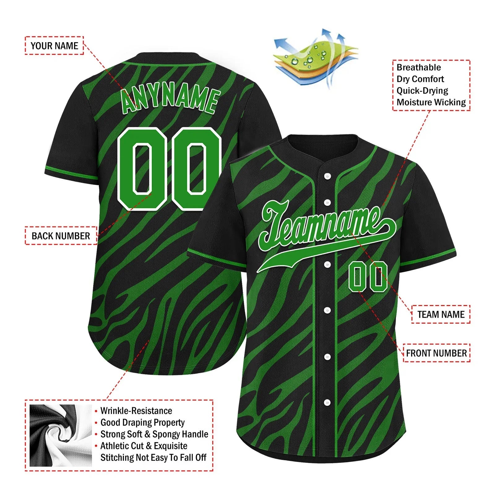Custom Black Forest Green Zebra Pattern Personalized Authentic Baseball Jersey BSBJ01-D020201-25 - Coolcustomize