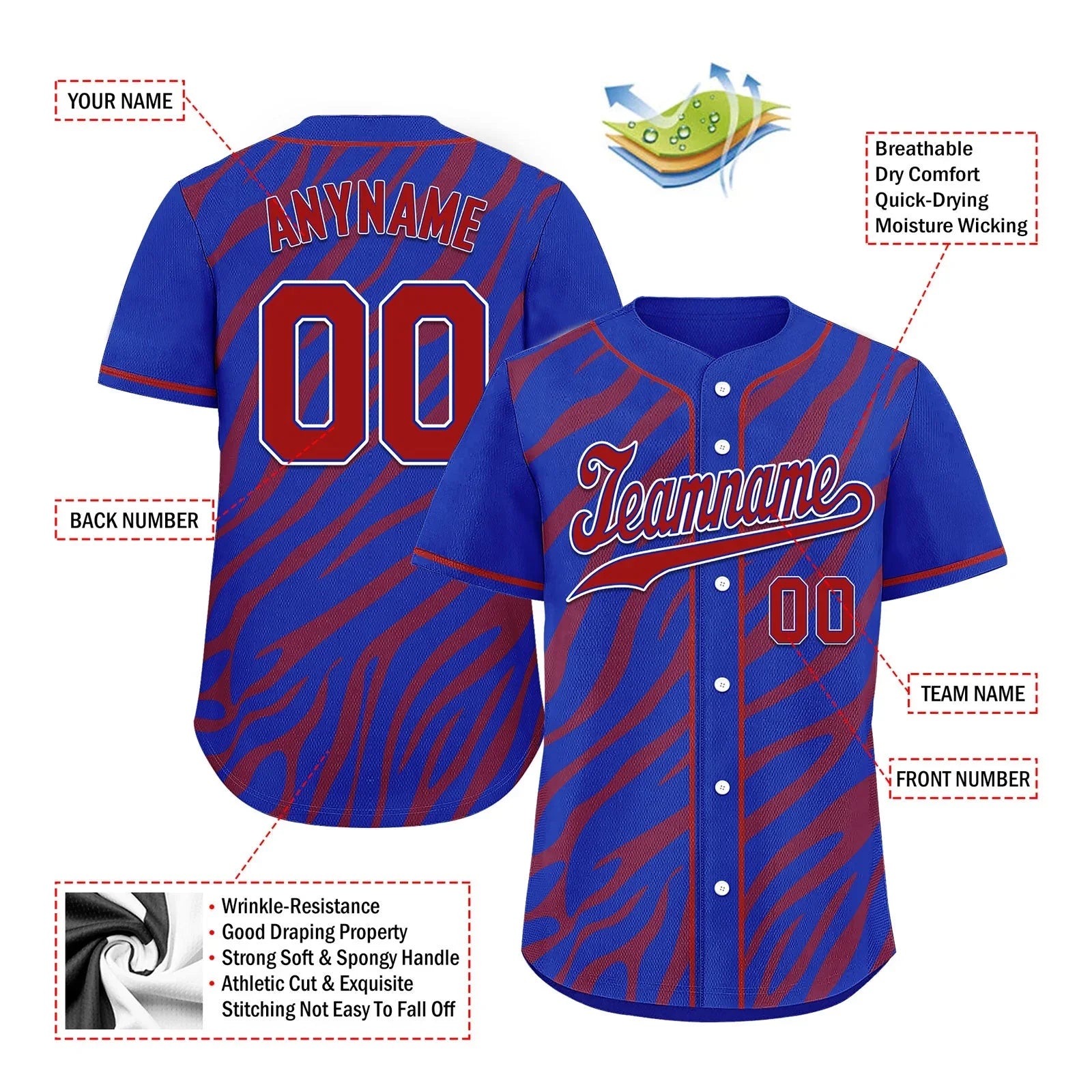 Custom Blue Red Zebra Pattern Personalized Authentic Baseball Jersey BSBJ01-D020201-22 - Coolcustomize