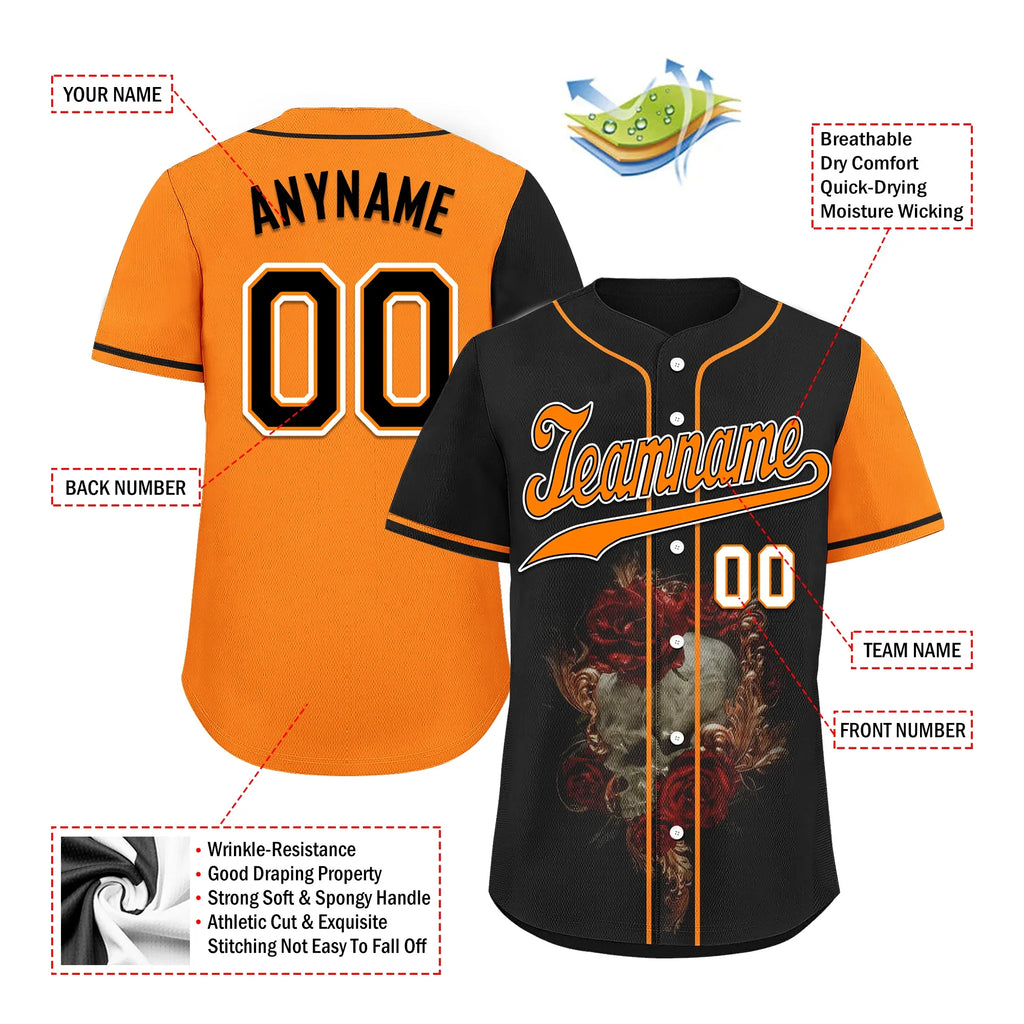 Custom Black Orange Skull Fashion Personalized Authentic Baseball Jersey BSBJ01-D017156 - Coolcustomize