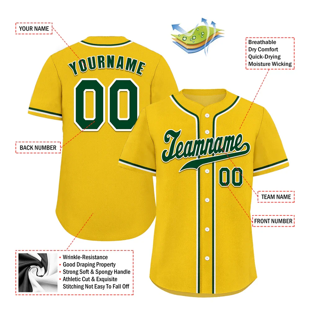Custom Yellow Classic Style Green Authentic Baseball Jersey - Coolcustomize