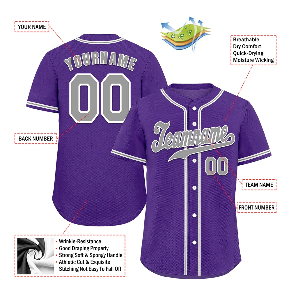 Custom Purple Classic Style Grey Authentic Baseball Jersey - Coolcustomize