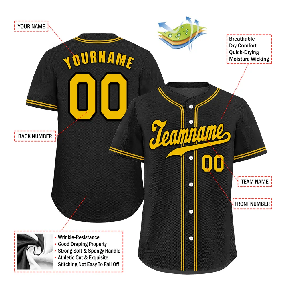 Custom Black Classic Style Yellow Authentic Baseball Jersey - Coolcustomize