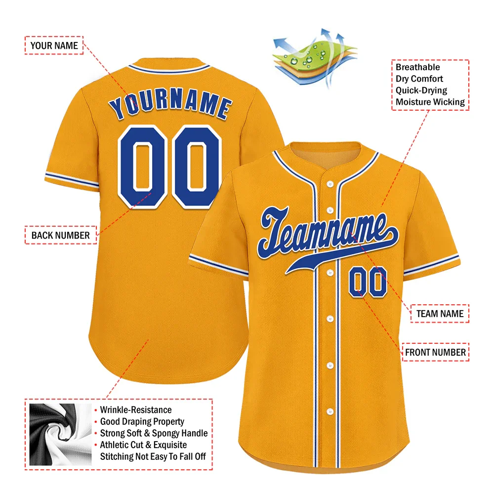 Custom Yellow Classic Style Blue Authentic Baseball Jersey - Coolcustomize