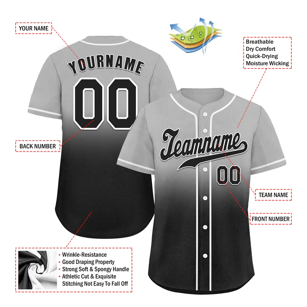 Custom Grey Black Fade Fashion Black Authentic Baseball Jersey - Coolcustomize