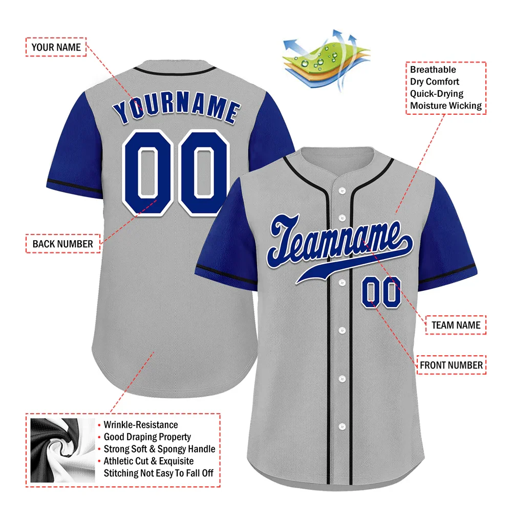 Custom Grey Blue Raglan Sleeves Blue Authentic Baseball Jersey - Coolcustomize