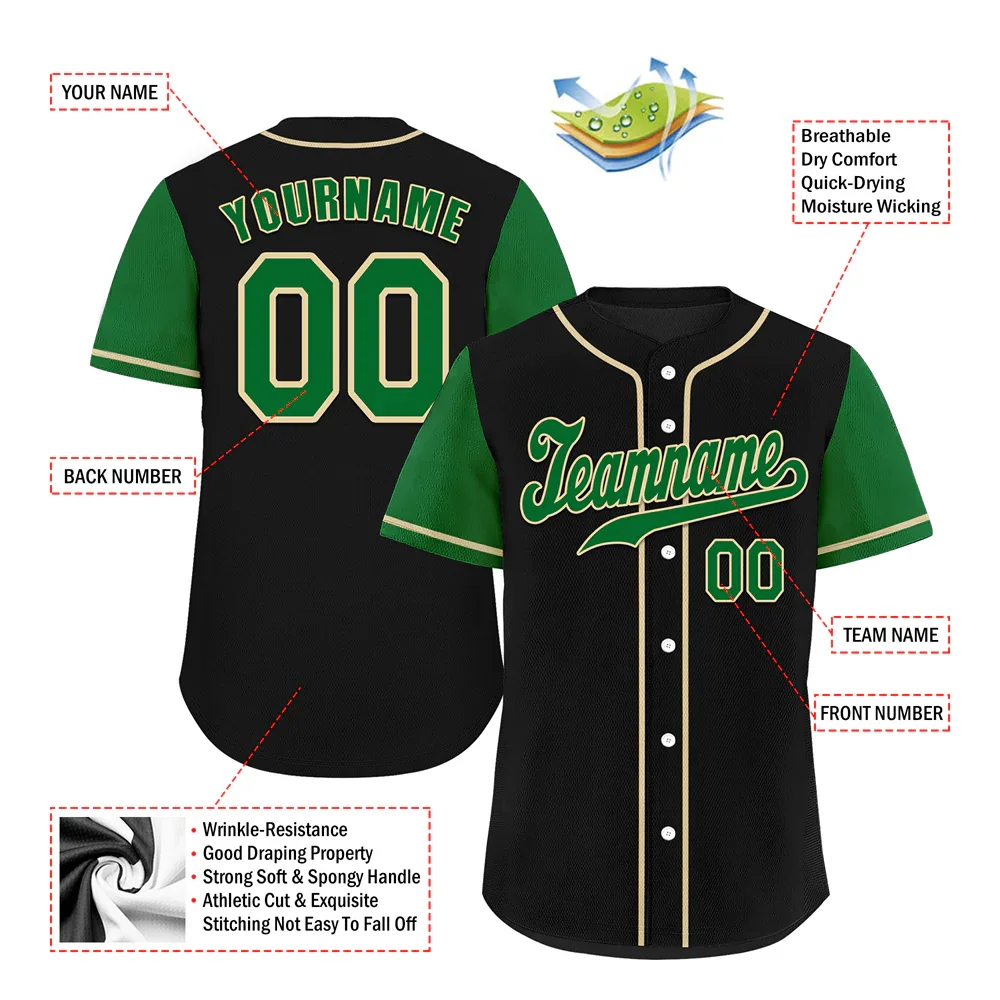 Custom Black Green Raglan Sleeves Green Authentic Baseball Jersey - Coolcustomize