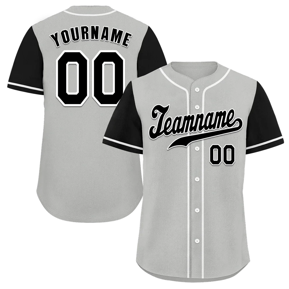 Custom Grey Black Raglan Sleeves Black Authentic Baseball Jersey - Coolcustomize