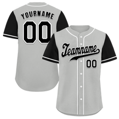 Custom Grey Black Raglan Sleeves Black Authentic Baseball Jersey