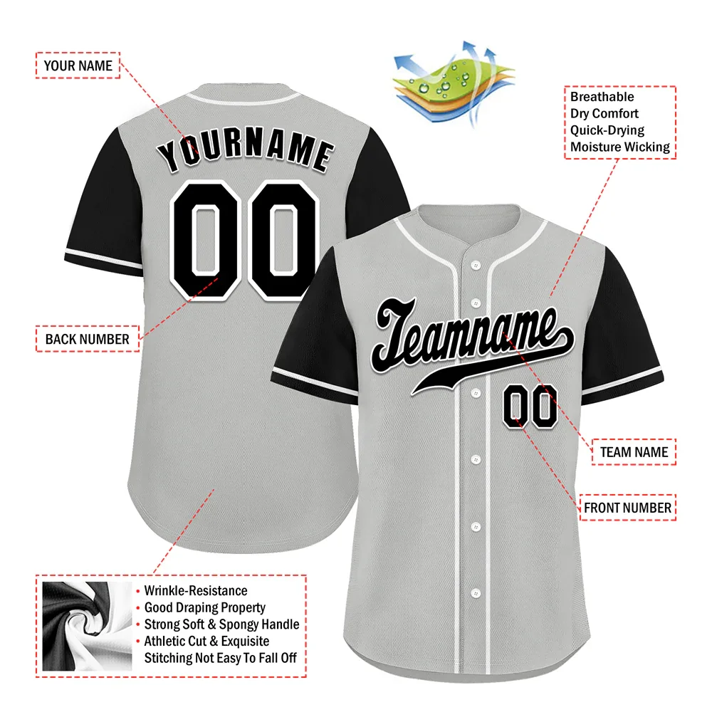 Custom Grey Black Raglan Sleeves Black Authentic Baseball Jersey - Coolcustomize