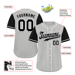 Custom Grey Black Raglan Sleeves Black Authentic Baseball Jersey