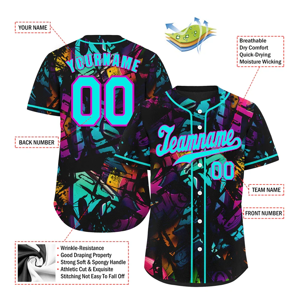 Custom Colorful Graffiti Pattern Aqua Authentic Baseball Jersey - Coolcustomize