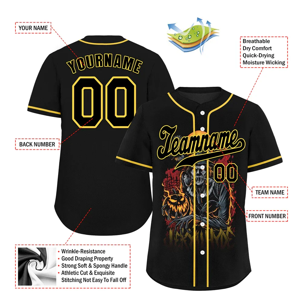 Custom Black Yellow Skull Fashion Black Authentic Baseball Jersey BSBJ0a-bc0fb98 - Coolcustomize