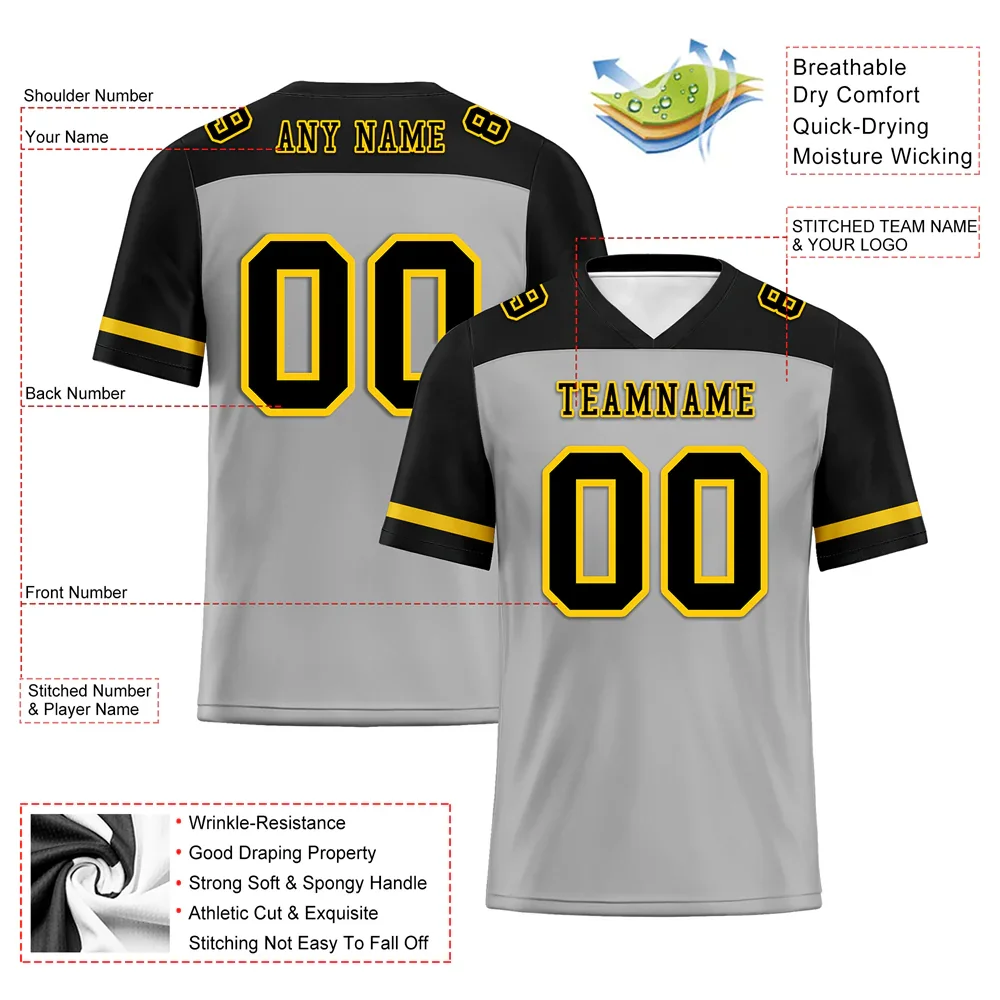 Custom Grey Black Raglan Sleeves Black Personalized Authentic Football Jersey FBJ02-bc0f0a9 - Coolcustomize