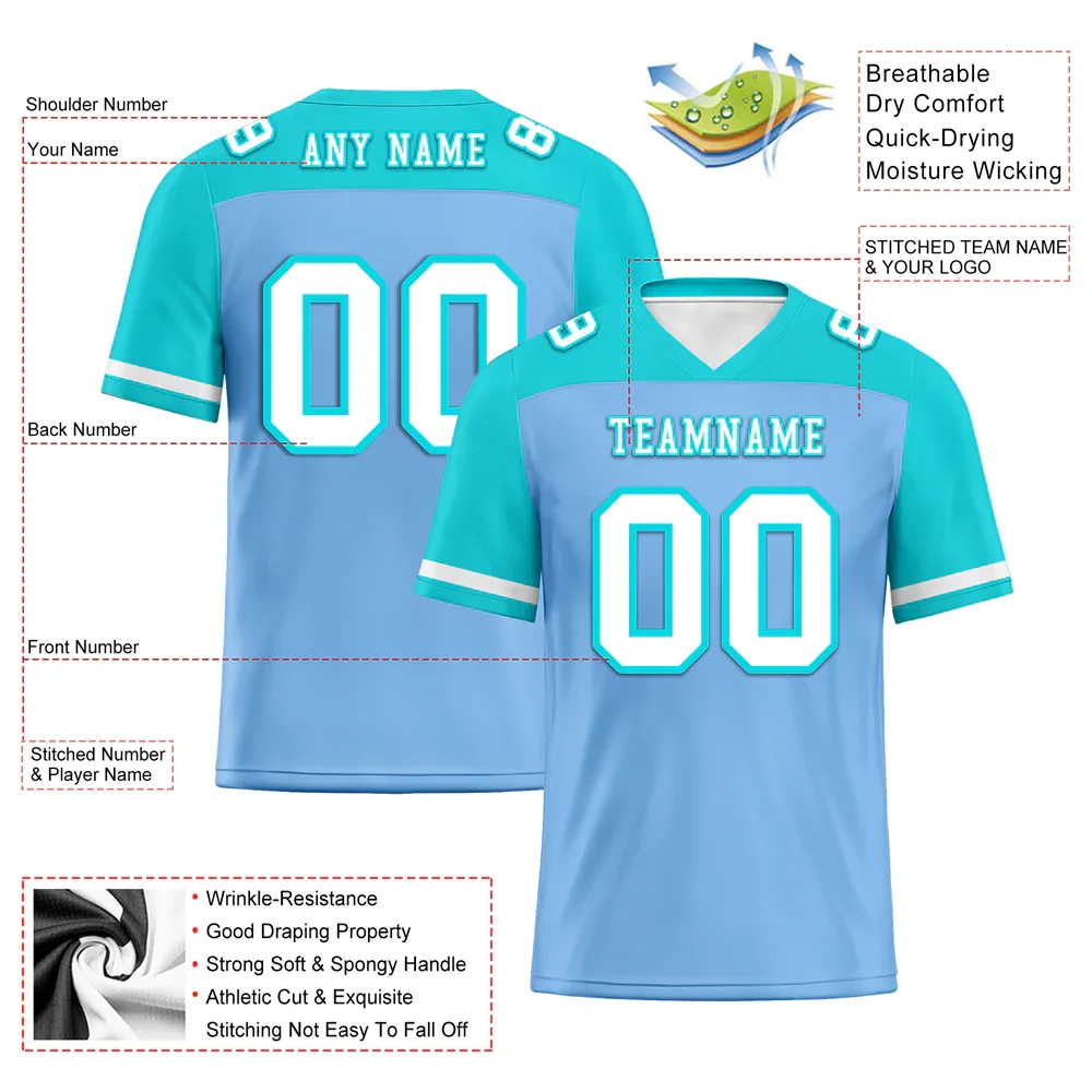 Custom Blue Aqua Raglan Sleeves White Personalized Authentic Football Jersey FBJ02-bc0f0b8 - Coolcustomize