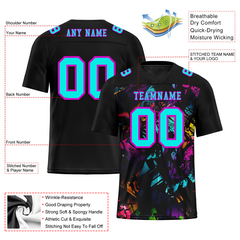 Custom Black Graffiti Pattern Aqua Personalized Authentic Football Jersey FBJ02-bc0faba