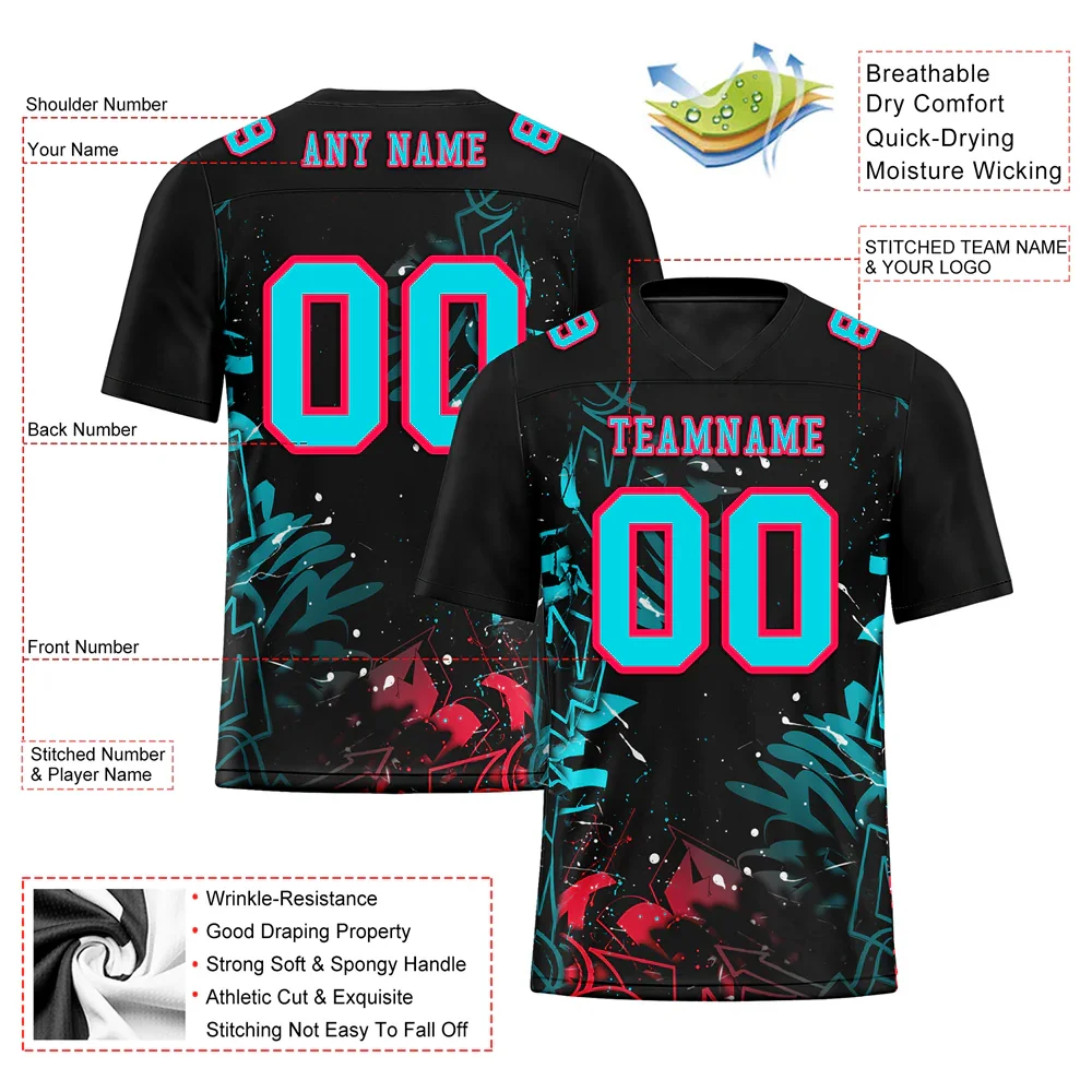 Custom Black Graffiti Pattern Aqua Personalized Authentic Football Jersey FBJ02-bc0face - Coolcustomize
